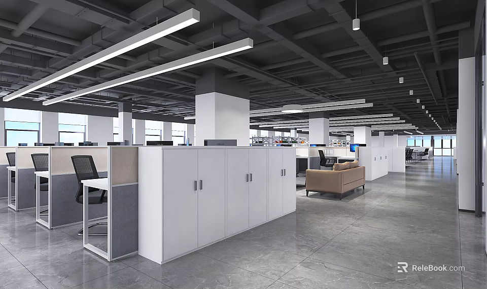 Modern Public Office Space With Cubicles Workstations Storage Cabinets And Open Layout 3d model 