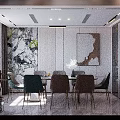 Modern Living Dining Room With Dining Table Colorful Chairs Artwork And Patterned Wall