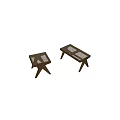 Two Minimalist Wooden Side Tables With Geometric Legs And Woven Tops