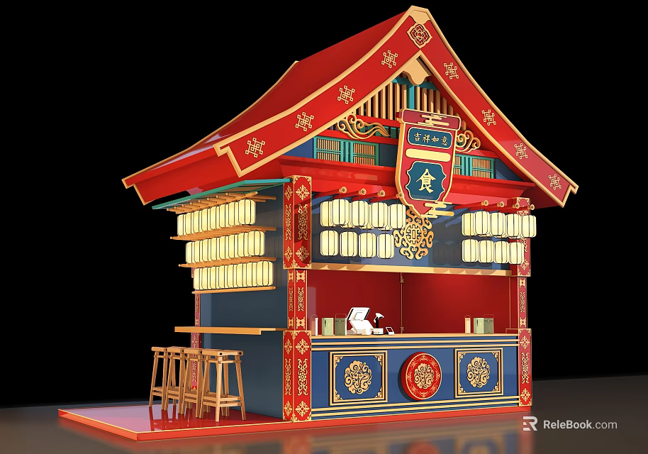 Traditional Style Commercial Food Kiosk With Red Roof Decorative Patterns Food Sign And Counter Stools 3d model 