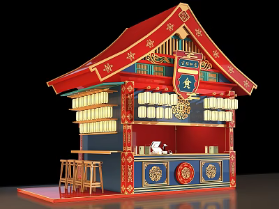 Traditional Style Commercial Food Kiosk With Red Roof Decorative Patterns Food Sign And Counter Stools 3d model