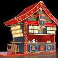 Traditional Style Commercial Food Kiosk With Red Roof Decorative Patterns Food Sign And Counter Stools