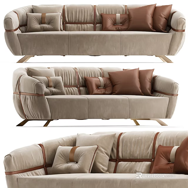 Modern Beige Sectional Sofa With Brown Accent Cushions And Metal Legs 3d model 