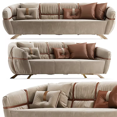 Modern Beige Sectional Sofa With Brown Accent Cushions And Metal Legs 3d model