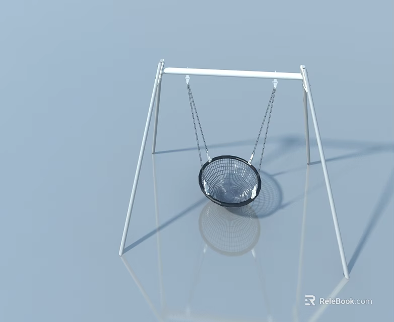 White Metal Swing Frame with Black Mesh Seat on Reflective Floor Light Blue Background 3d model 