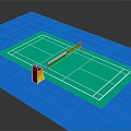 Badminton Court With Green Surface White Lines Net And Umpire Chair