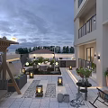 Outdoor Garden Landscape With Terrace Water Feature Lanterns Plants And Seating At Twilight