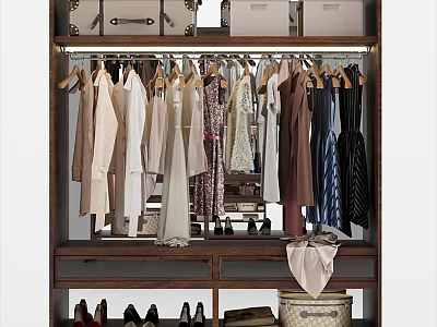 Organized Wooden Wardrobe Interior With Hanging Dresses Shirts Storage Boxes Shoes And Basket 3d model