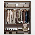 Organized Wooden Wardrobe Interior With Hanging Dresses Shirts Storage Boxes Shoes And Basket
