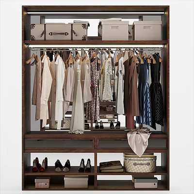 Organized Wooden Wardrobe Interior With Hanging Dresses Shirts Storage Boxes Shoes And Basket 3d model