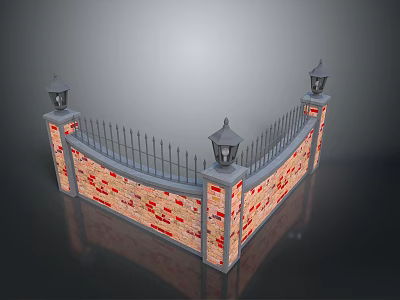 Ornamental Brick Wall With Iron Railing And Lamp Posts Design 3d model