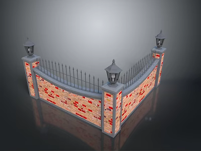 Realistic style brick wall wrought iron fence brick wall fence wrought iron fence building wall outdoor structure 3d model
