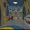 Colorful Kids Playroom Interior With Blue Walls Shelves Red Chair And Yellow Blue Floor