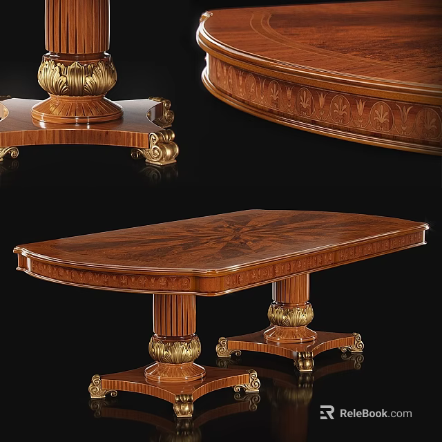Elegant Wooden Dining Table With Carved Details And Golden Accent Legs 3d model 