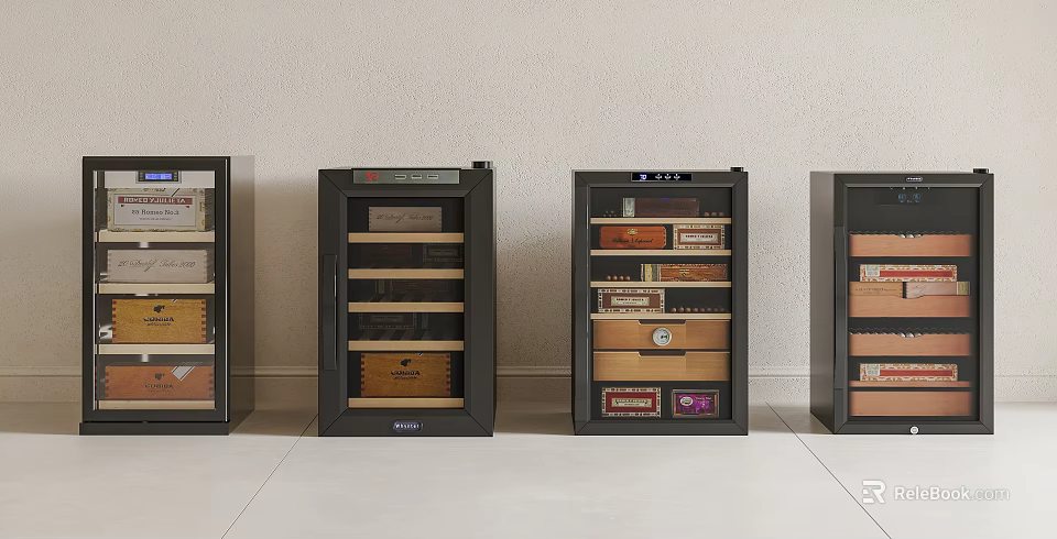Four Black Wine Coolers Containing Various Wine Bottles And Boxes In Front Of Light Wall 3d model 
