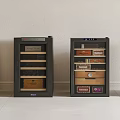 Four Black Wine Coolers Containing Various Wine Bottles And Boxes In Front Of Light Wall