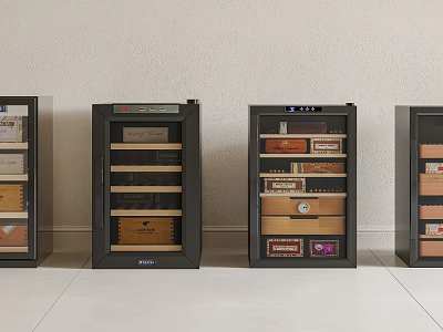 Four Black Wine Coolers Containing Various Wine Bottles And Boxes In Front Of Light Wall 3d model