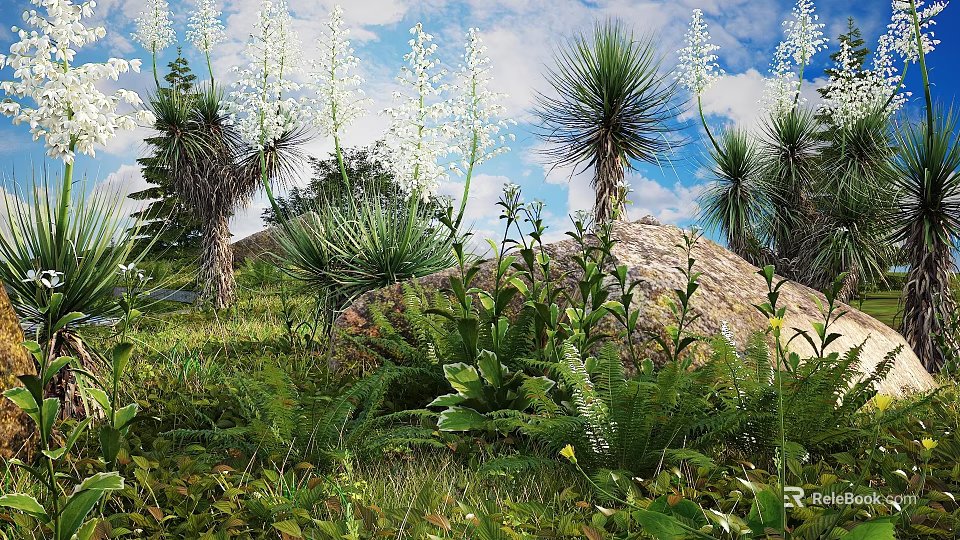 Diverse Flowering Plants With White Blooms And Green Ferns In Rocky Garden Landscape 3d model 