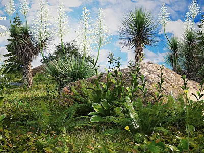 Diverse Flowering Plants With White Blooms And Green Ferns In Rocky Garden Landscape 3d model