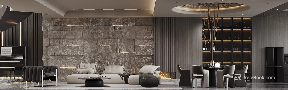 Modern Living and Dining Room Interior Design With Stone Wall Lighting Fireplace Sofa And Wooden Panels 3d model 