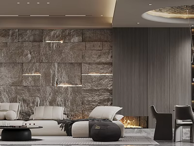 Modern Living and Dining Room Interior Design With Stone Wall Lighting Fireplace Sofa And Wooden Panels 3d model