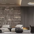 Modern Living and Dining Room Interior Design With Stone Wall Lighting Fireplace Sofa And Wooden Panels