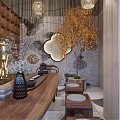 Modern Milk Tea Shop Interior With Hanging Lights Wooden Tables And Decorative Shelves