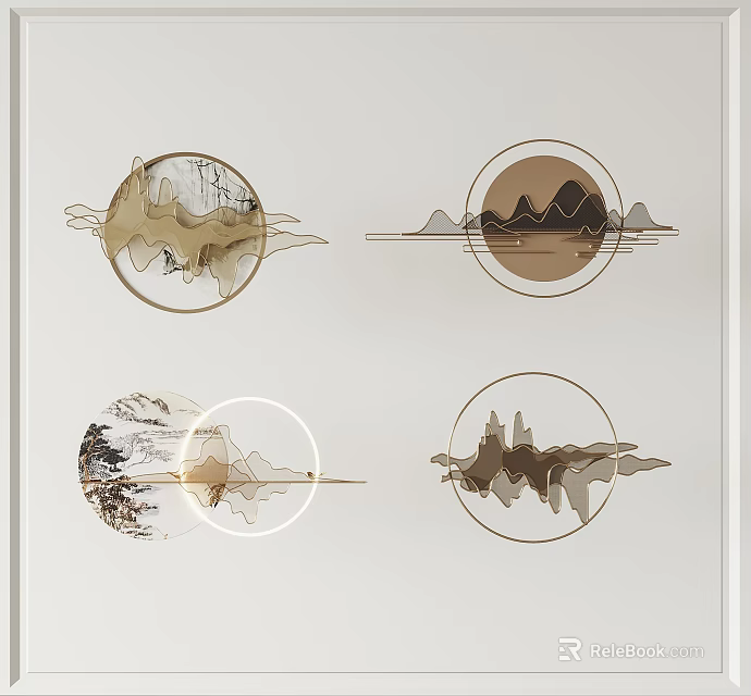 Modern Minimalist Circular Wall Decor With Metallic Mountains Water And Trees Design 3d model 