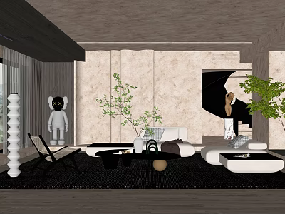Modern Living Room Interior Design With White Black Furniture Green Plants And Art Decor 3d model