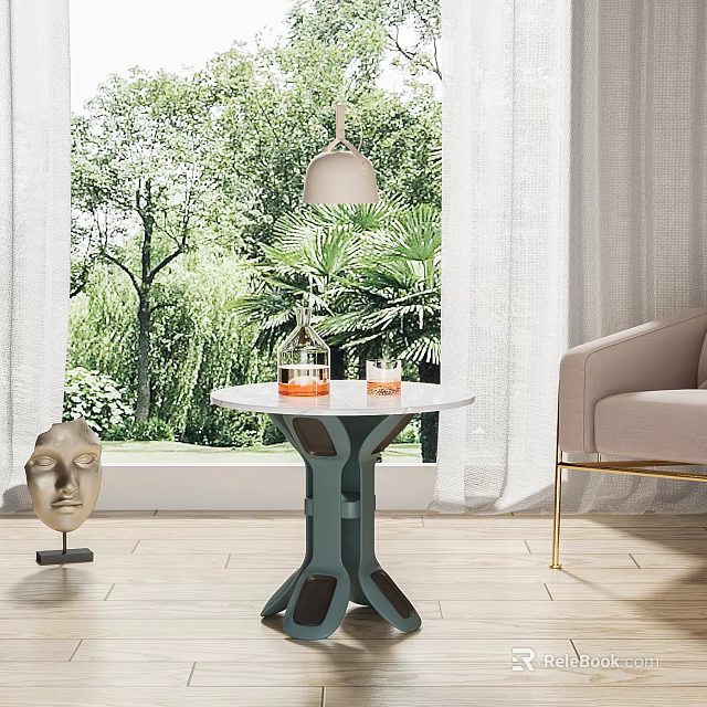 Round Side Table In Bright Room With Green Plants Window View And Beige Sofa 3d model