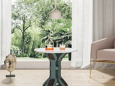 Round Side Table In Bright Room With Green Plants Window View And Beige Sofa 3d model