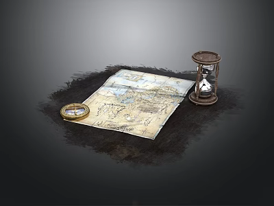 Scenic Exploration With Detailed Ancient Map Antique Hourglass And Brass Compass 3d model