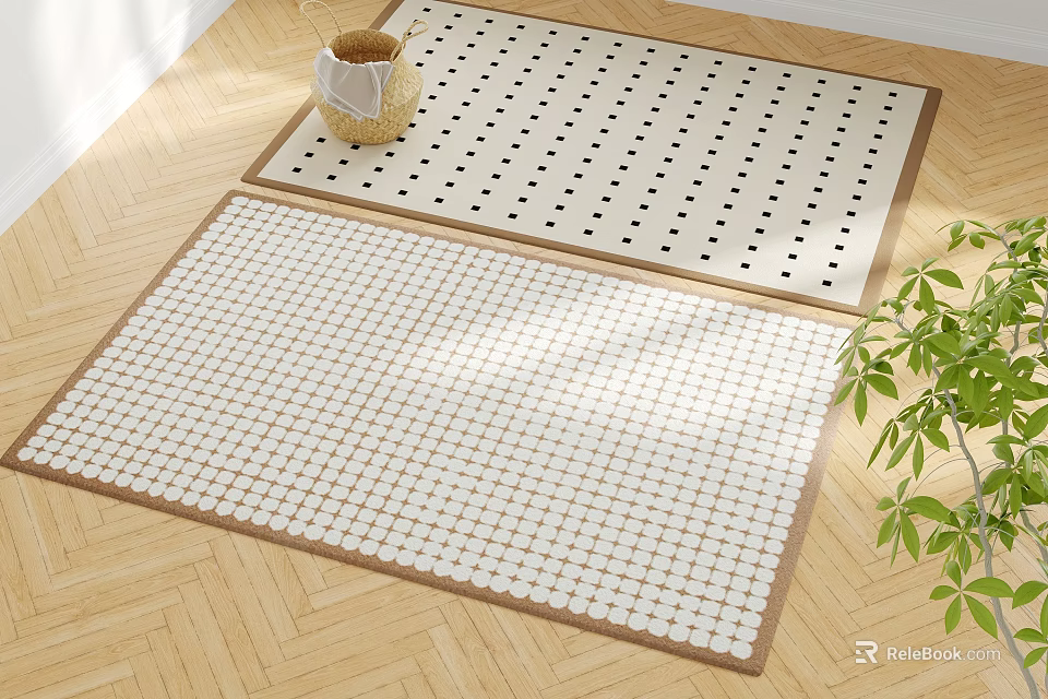 Square Rugs with White Background Black Dots and Beige Grid on Wooden Floor 3d model 