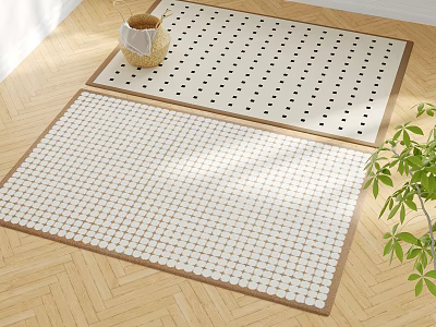 Square Rugs with White Background Black Dots and Beige Grid on Wooden Floor 3d model