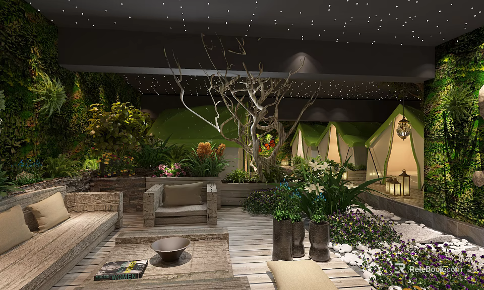 Hotel Public Lounge Area Featuring Green Plants Tents Wooden Flooring And Decorative Tree 3d model 