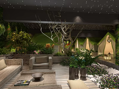 Hotel Public Lounge Area Featuring Green Plants Tents Wooden Flooring And Decorative Tree 3d model