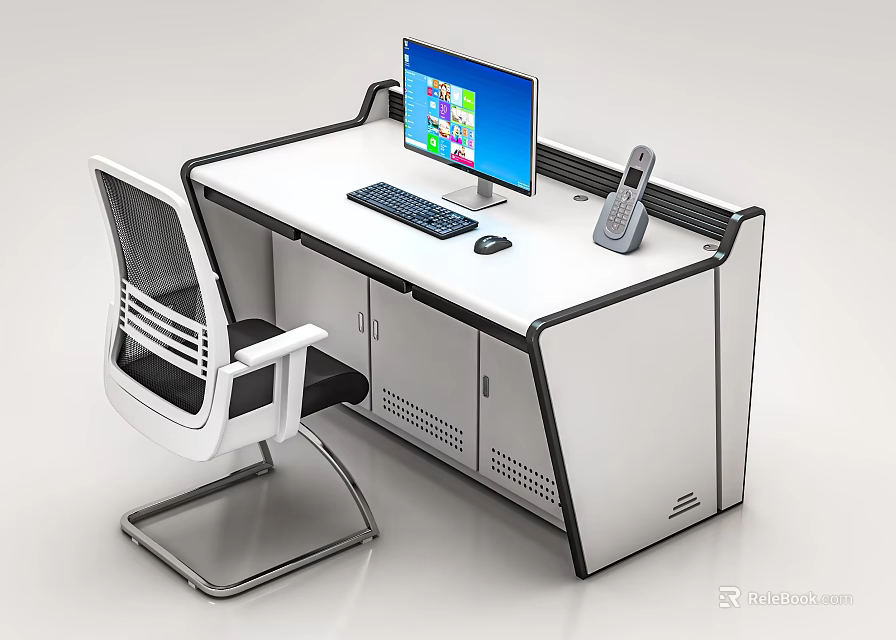 Modern Office Desk With Computer Monitor Keyboard Mouse Phone Office Chair And Storage Cabinet 3d model 