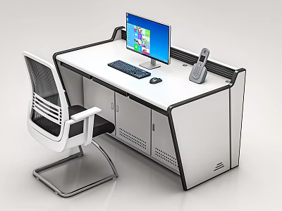 Modern Office Desk With Computer Monitor Keyboard Mouse Phone Office Chair And Storage Cabinet 3d model