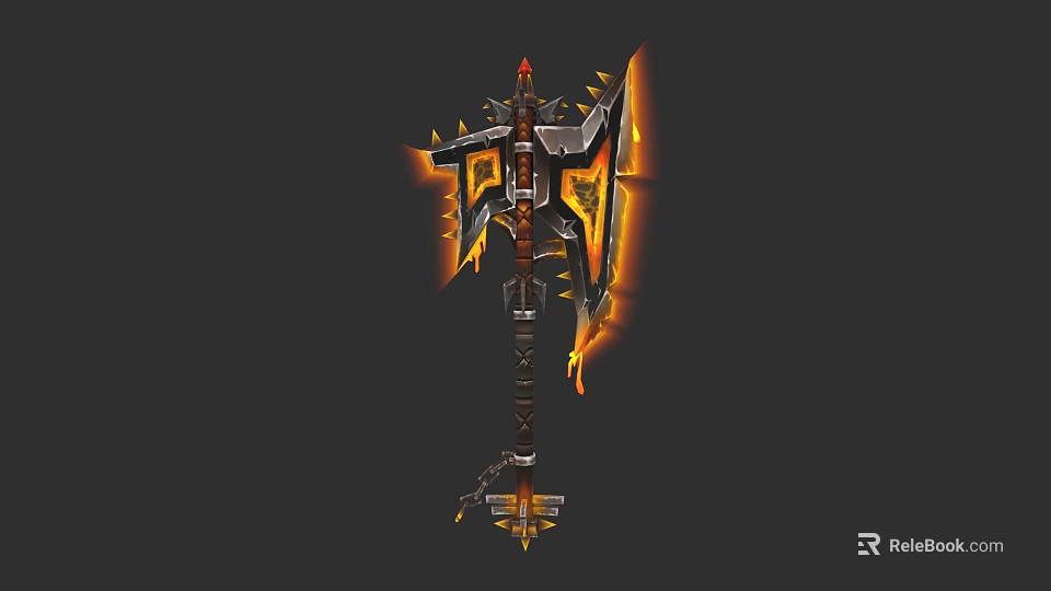 Flaming Battle Axe With Spiked Blades And Ornate Handle Design 3d model 