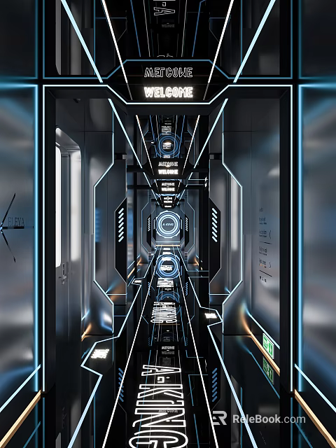 Futuristic Elevator Corridor With Metallic Surfaces Blue Lighting And Geometric Design 3d model 