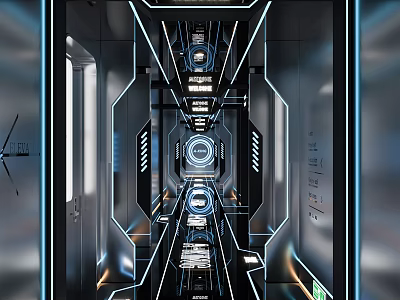 Futuristic Elevator Corridor With Metallic Surfaces Blue Lighting And Geometric Design 3d model