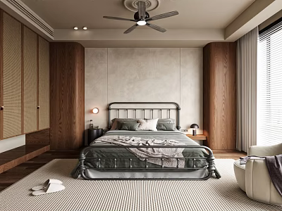 Modern Bedroom Interior With Wooden Cabinets Metal Bed Frame Green Quilt And Ceiling Fan 3d model