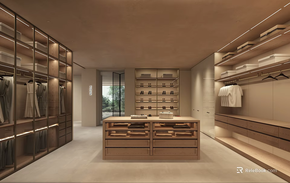 Modern Spacious Walk In Closet Interior With Wooden Cabinets Drawers Display Shelves And Lighting 3d model 