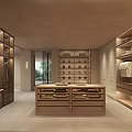 Modern Spacious Walk In Closet Interior With Wooden Cabinets Drawers Display Shelves And Lighting
