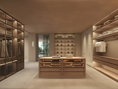 Modern Spacious Walk In Closet Interior With Wooden Cabinets Drawers Display Shelves And Lighting 3d model