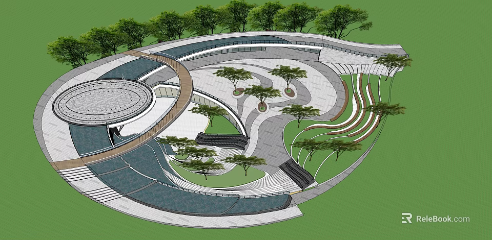 Courtyard Garden Design With Curved Pathways Trees Benches And Stepped Areas 3d model 
