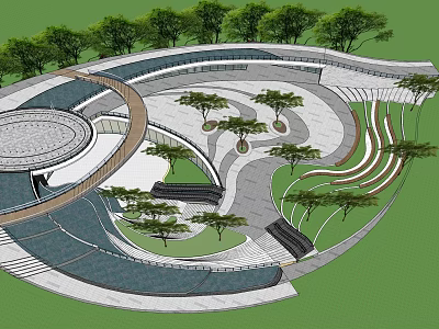 Courtyard Garden Design With Curved Pathways Trees Benches And Stepped Areas 3d model