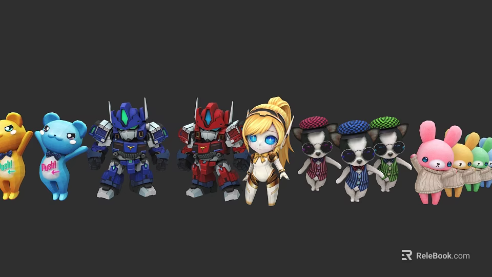 Diverse Game and Movie Character Models with Robots Female Figure Puppies and Animal Figures 3d model 