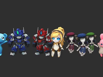 Diverse Game and Movie Character Models with Robots Female Figure Puppies and Animal Figures 3d model