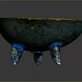 Artisan Crafted Sculptural Bowl With Green Copper Glaze And Blue Tripod Legs